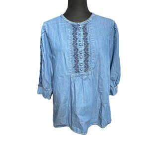 Chico's Shirt Women Size 2 L 12/14 Blue Chambray Embroidered Denim Boho Peasant